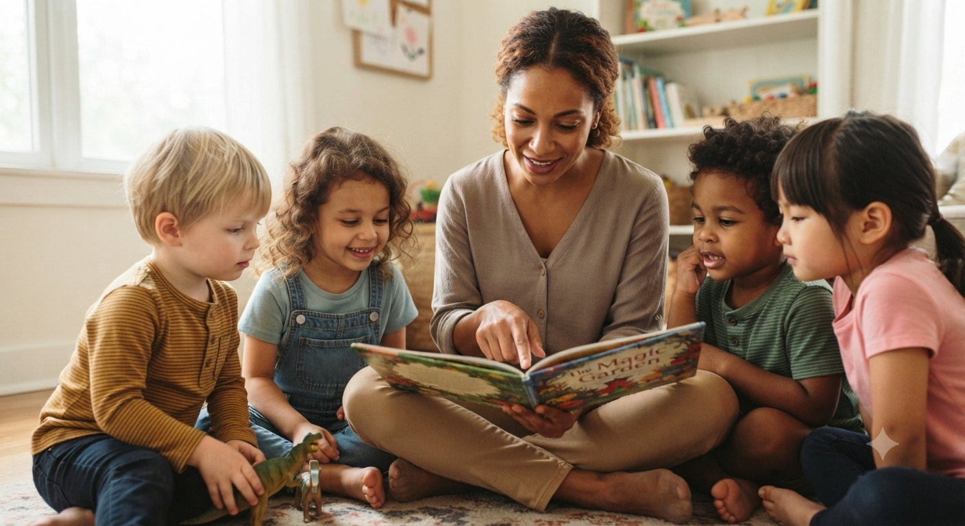 Teacher reading a storybook with a child